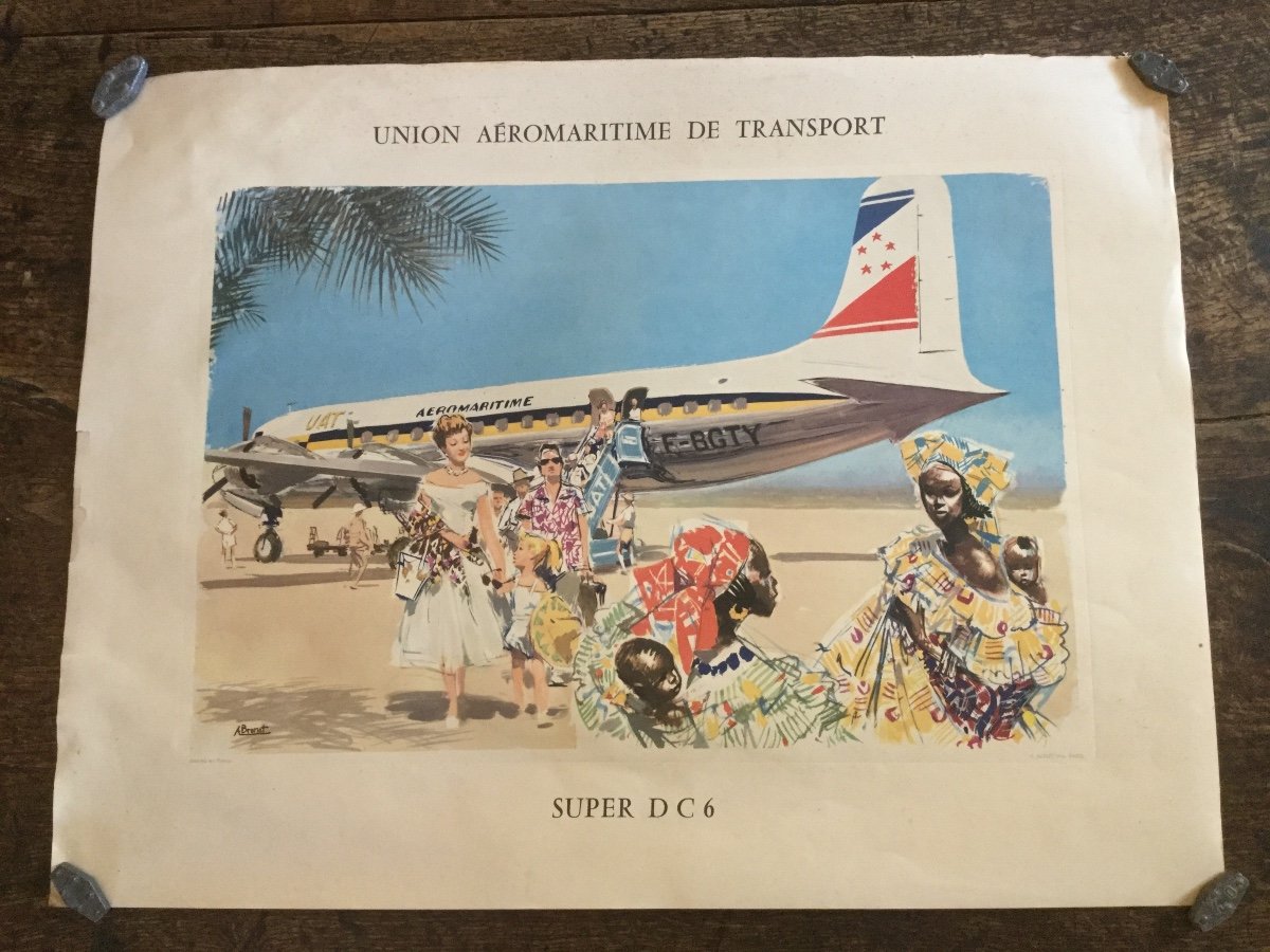 Affiche Ancienne Vintage Union Aéromaritime De Transport - DC-6 -  Années 50